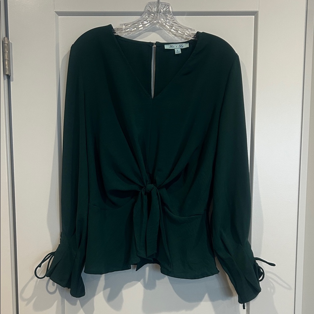 She + Sky Dark Green Tie-Front Long Sleeve Blouse